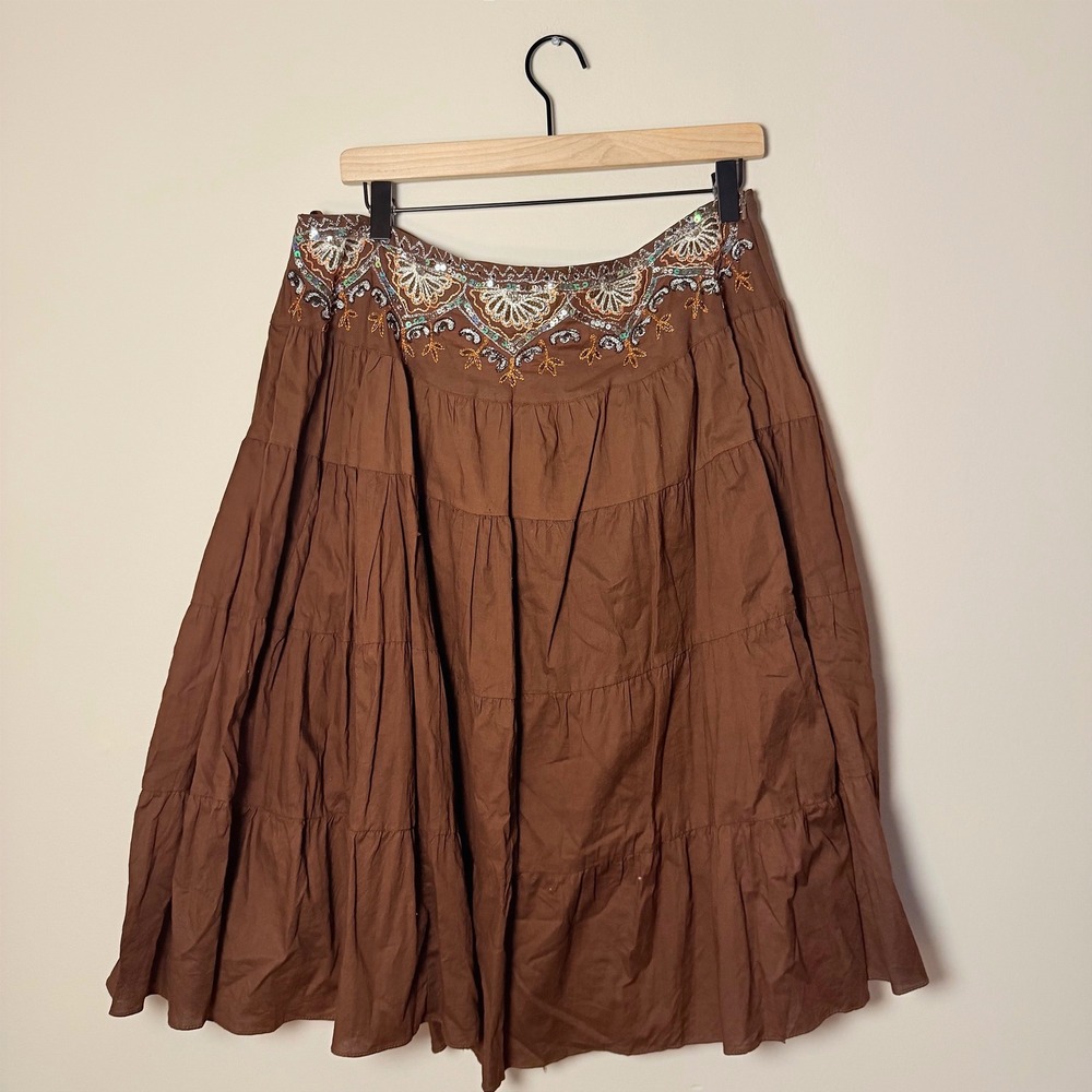 Vintage Angie Brown Layered Beaded Skirt Boho 100% Cotton Sequin 90s SZ L Y2K
